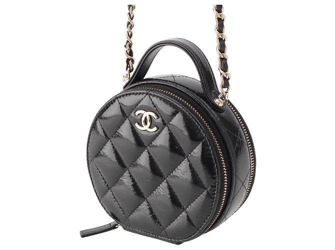 Chanel Vanity Case Round Handle With Care in pelle d'agnello lucida matelassé nera con catena Nero - vista 2