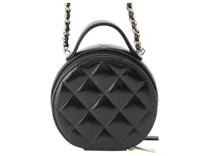 Chanel Vanity Case Round Handle With Care in pelle d'agnello lucida matelassé nera con catena Nero - vista 4