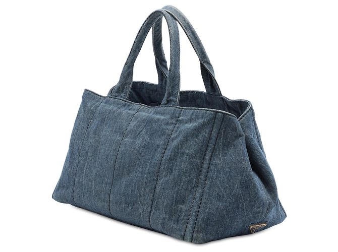 Borsa Tote Prada Blue Large Denim Canapa Logo - vista 2