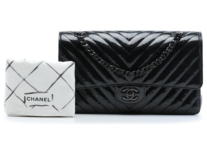 Chanel Black Medium Classic Chevron Patent So Black Double Flap Nero - vista 7