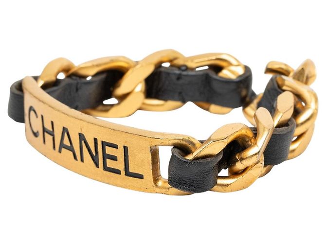 Bracciale a catena Chanel con placca logo in pelle di vitello e placcato oro D'oro - vista 2