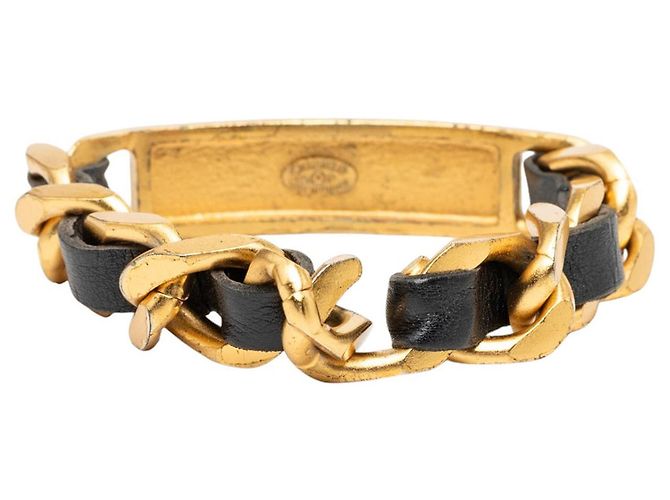 Bracciale a catena Chanel con placca logo in pelle di vitello e placcato oro D'oro - vista 3