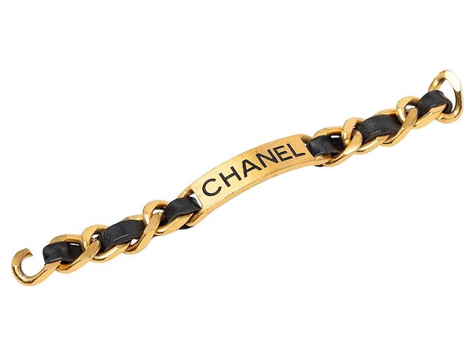 Bracciale a catena Chanel con placca logo in pelle di vitello e placcato oro D'oro - vista 6