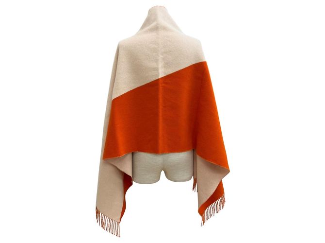Hermès HERMES Stola Casaque Bicolor con Frange 100% Cashmere Beige Arancione - vista 4