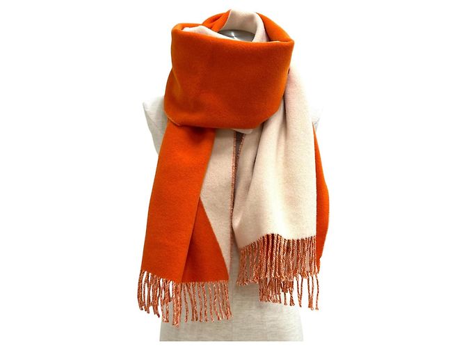 Hermès HERMES Stola Casaque Bicolor con Frange 100% Cashmere Beige Arancione - vista 5
