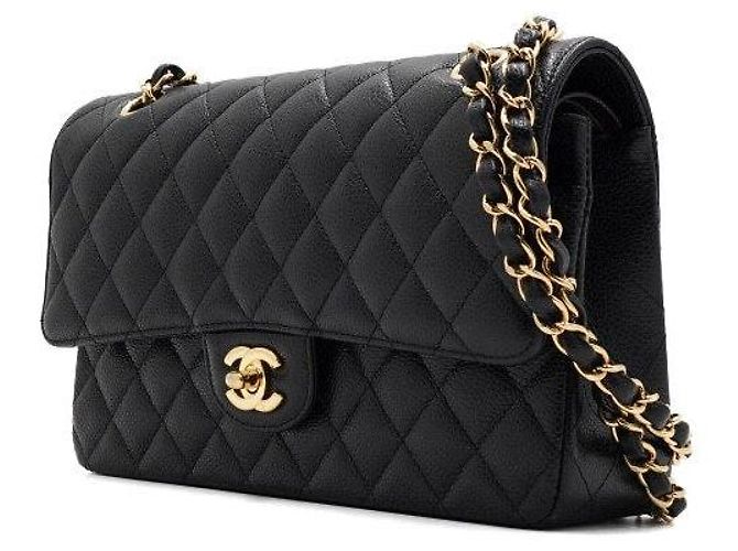 Chanel Borsa a tracolla Classic Medium in caviale nero con catena dorata - vista 3