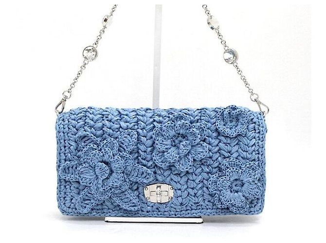Miu Miu Borsa a tracolla in rafia blu con fiore di cristallo - vista 2
