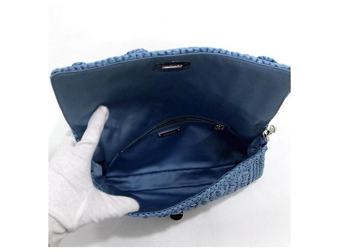Miu Miu Borsa a tracolla in rafia blu con fiore di cristallo - vista 7