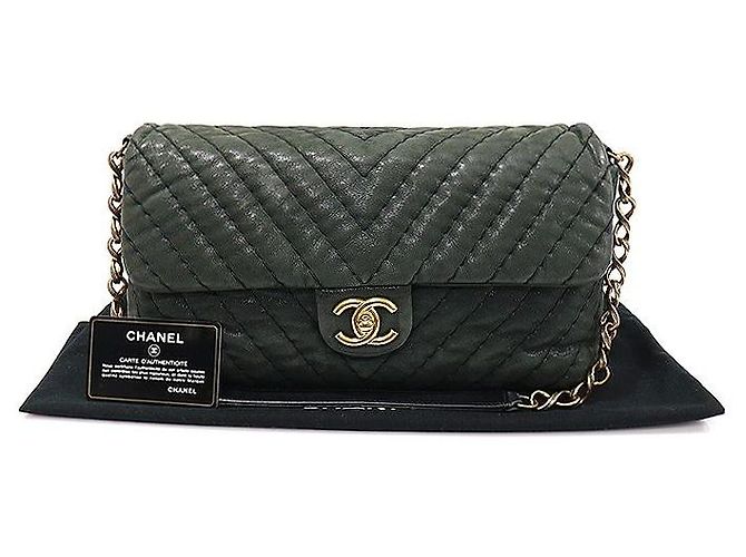 Chanel Borsa a tracolla CC Flap in pelle iridescente chevron verde scuro con surpiqûre - vista 2