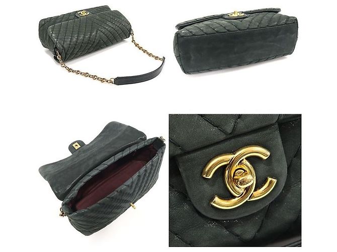 Chanel Borsa a tracolla CC Flap in pelle iridescente chevron verde scuro con surpiqûre - vista 4