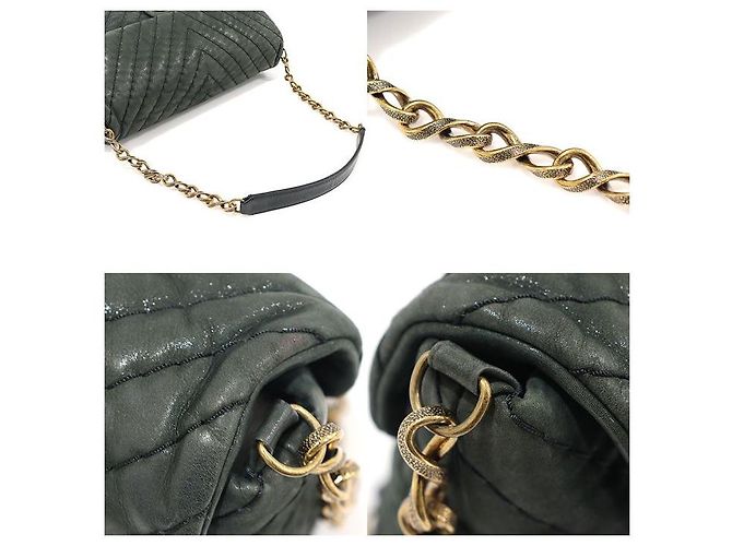 Chanel Borsa a tracolla CC Flap in pelle iridescente chevron verde scuro con surpiqûre - vista 6