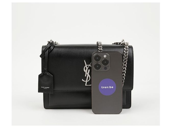Saint Laurent Borsa a tracolla Sunset Medium in pelle liscia con catena Nero Argento - vista 6