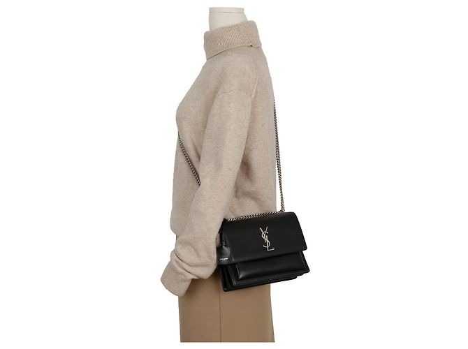 Saint Laurent Borsa a tracolla Sunset Medium in pelle liscia con catena Nero Argento - vista 9