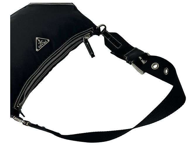 Bolsa de ombro Prada em nylon Tessuto e couro com placa de logo triangular Preto - vista 4