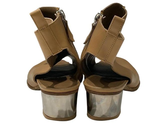 Hermès Hermes Tan Leather Peep-Toe Ankle Boots with Silver Block Heels Brown - view 2