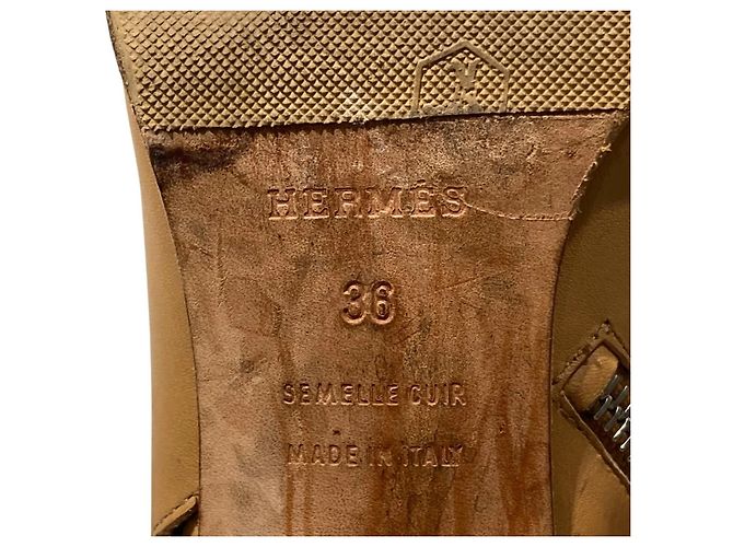 Hermès Hermes Tan Leather Peep-Toe Ankle Boots with Silver Block Heels Brown - view 4