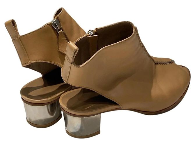 Hermès Hermes Tan Leather Peep-Toe Ankle Boots with Silver Block Heels Brown - view 7