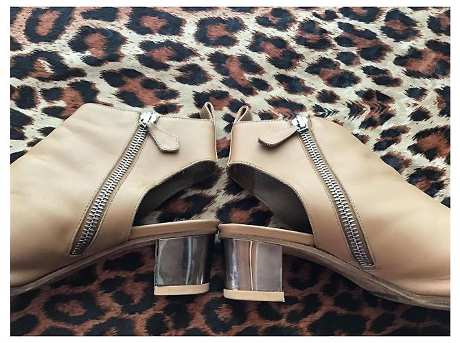Hermès Hermes Tan Leather Peep-Toe Ankle Boots with Silver Block Heels Brown - view 8