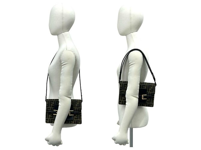 Fendi Vintage Zucca FF Pattern Canvas Leather Shoulder Bag Brown Black - view 2