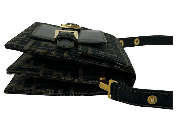 Fendi Vintage Zucca FF Pattern Canvas Leather Shoulder Bag Brown Black - view 6
