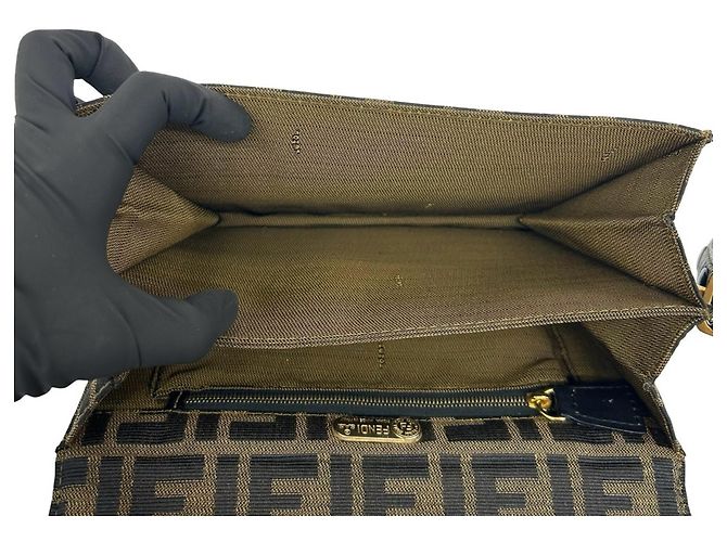Fendi Vintage Zucca FF Pattern Canvas Leather Shoulder Bag Brown Black - view 9