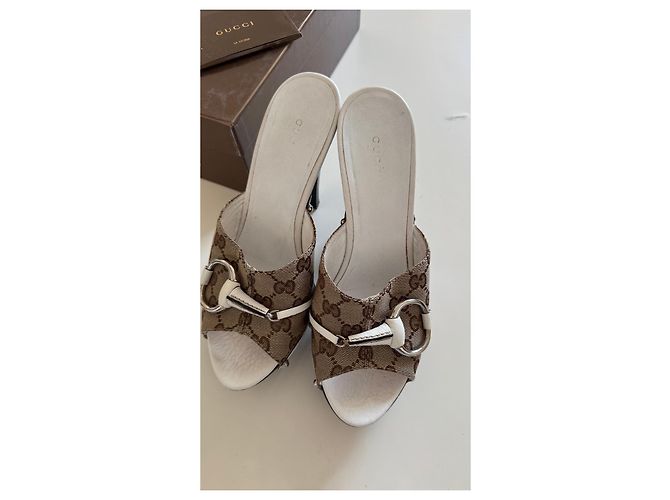 Gucci Monogram Horsebit Platform Mules Brown White - view 11