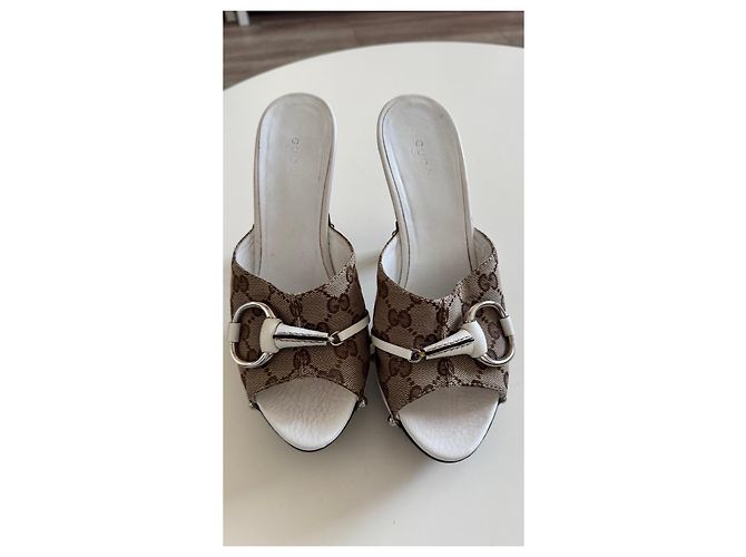 Gucci Monogram Horsebit Platform Mules Brown White - view 3