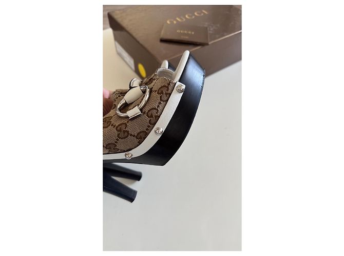 Gucci Monogram Horsebit Platform Mules Brown White - view 5