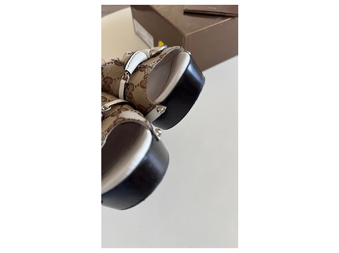 Gucci Monogram Horsebit Platform Mules Brown White - view 6