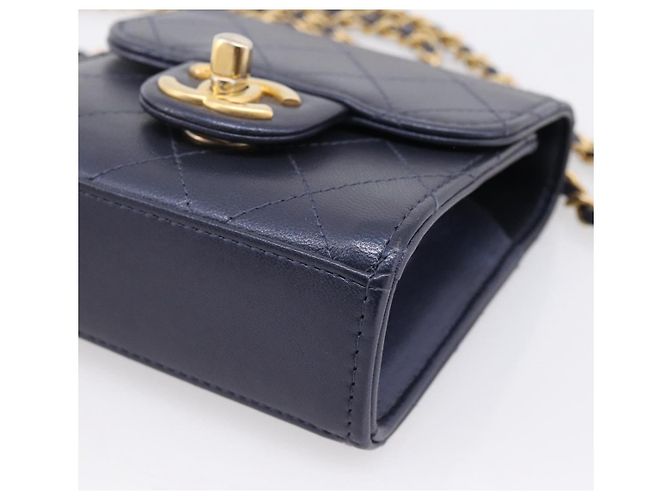 Borsa CHANEL Mini Matelasse Chain Pearl Bag Goatskin Navy Gold CC Auth 197060SAM D'oro Blu navy - vista 10