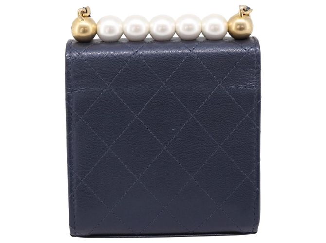 Borsa CHANEL Mini Matelasse Chain Pearl Bag Goatskin Navy Gold CC Auth 197060SAM D'oro Blu navy - vista 3