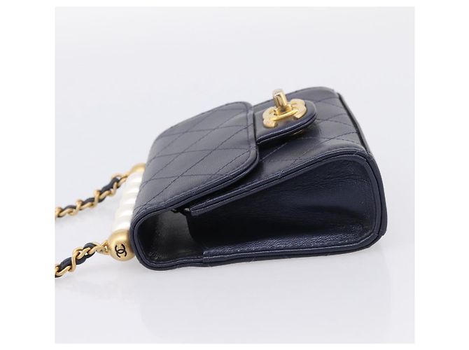 Borsa CHANEL Mini Matelasse Chain Pearl Bag Goatskin Navy Gold CC Auth 197060SAM D'oro Blu navy - vista 4