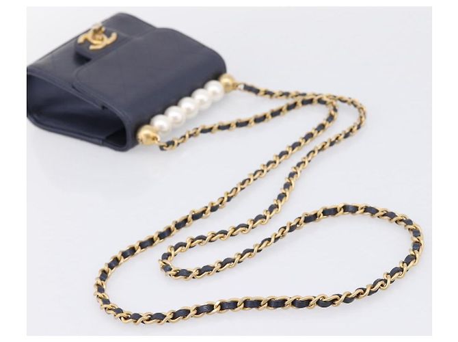 Borsa CHANEL Mini Matelasse Chain Pearl Bag Goatskin Navy Gold CC Auth 197060SAM D'oro Blu navy - vista 7