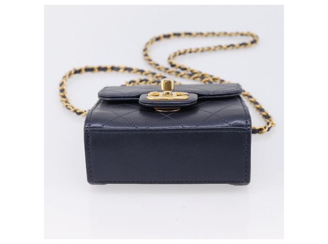 Borsa CHANEL Mini Matelasse Chain Pearl Bag Goatskin Navy Gold CC Auth 197060SAM D'oro Blu navy - vista 9