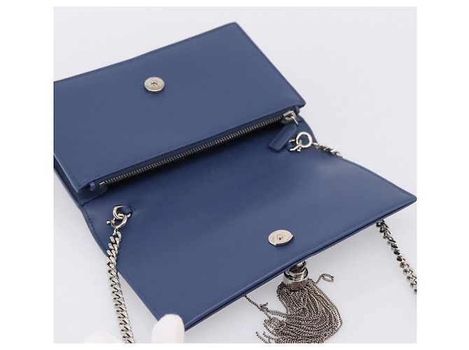 SAINT LAURENT Kate Chain Shoulder Wallet Leather Navy Silver Auth ka5752V Argento Blu navy - vista 16