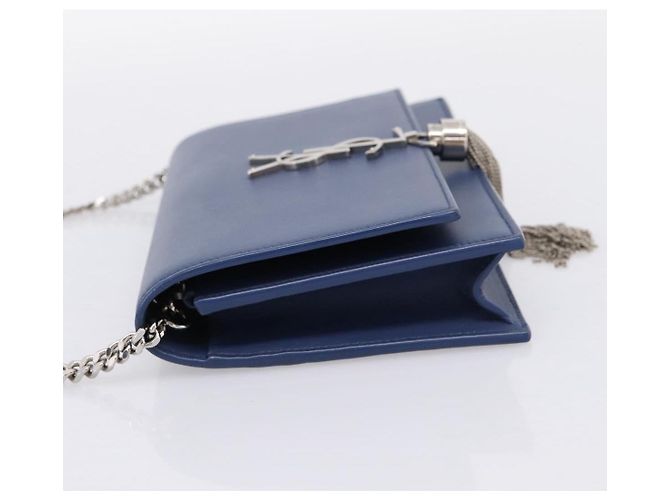 SAINT LAURENT Kate Chain Shoulder Wallet Leather Navy Silver Auth ka5752V Argento Blu navy - vista 4