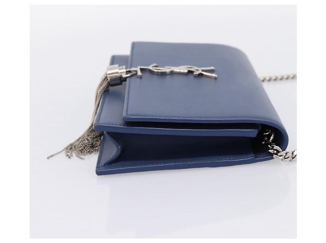 SAINT LAURENT Kate Chain Shoulder Wallet Leather Navy Silver Auth ka5752V Argento Blu navy - vista 5
