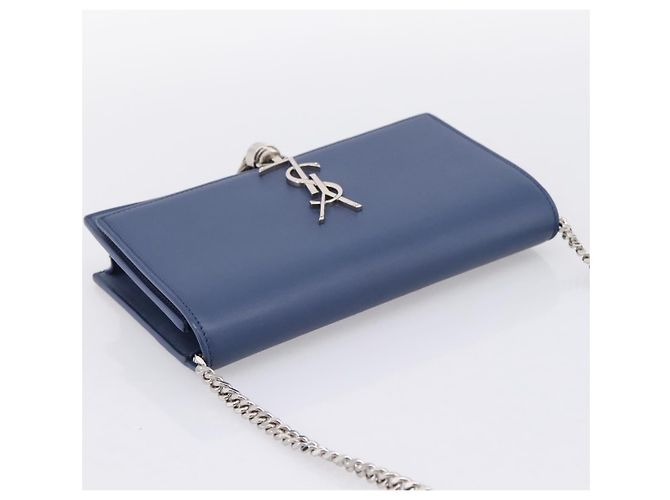 SAINT LAURENT Kate Chain Shoulder Wallet Leather Navy Silver Auth ka5752V Argento Blu navy - vista 6