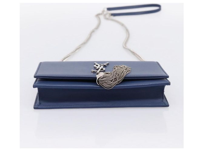 SAINT LAURENT Kate Chain Shoulder Wallet Leather Navy Silver Auth ka5752V Argento Blu navy - vista 9