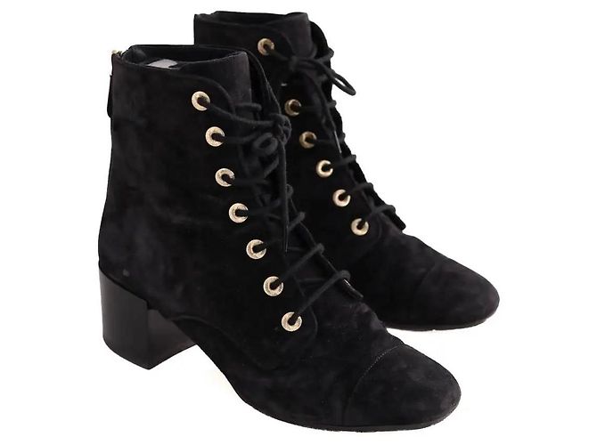 Stivali stringati Chanel in camoscio nero - vista 3