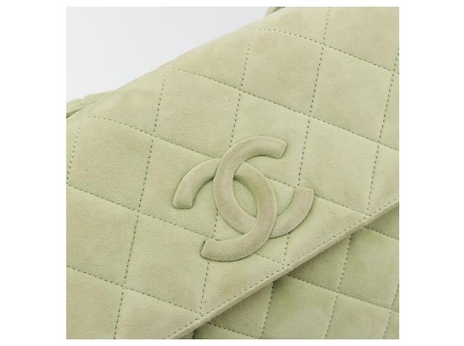 Borsa a tracolla CHANEL Matelassé in camoscio verde con CC tono oro Auth BA14888A - vista 15