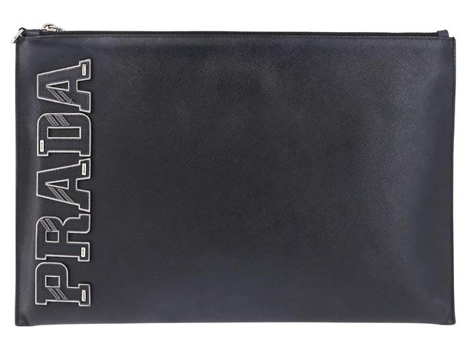 Saffiano Borsa a pochette PRADA in pelle Safiano Nero Argento Auth mr2853 - vista 2