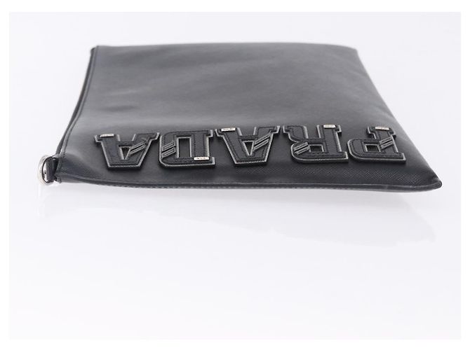 Saffiano Borsa a pochette PRADA in pelle Safiano Nero Argento Auth mr2853 - vista 5