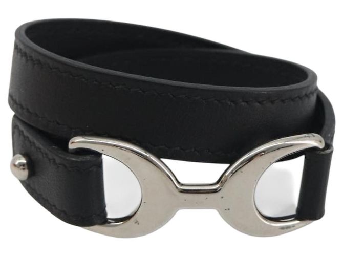Hermès Bracciale HERMES Papan Pelle Nero Argento Auth 195944M - vista 2