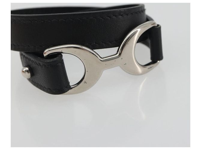 Hermès Bracciale HERMES Papan Pelle Nero Argento Auth 195944M - vista 6