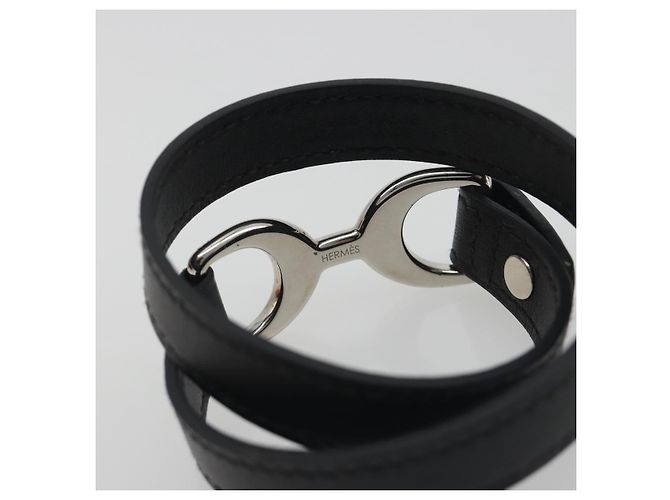 Hermès Bracciale HERMES Papan Pelle Nero Argento Auth 195944M - vista 7