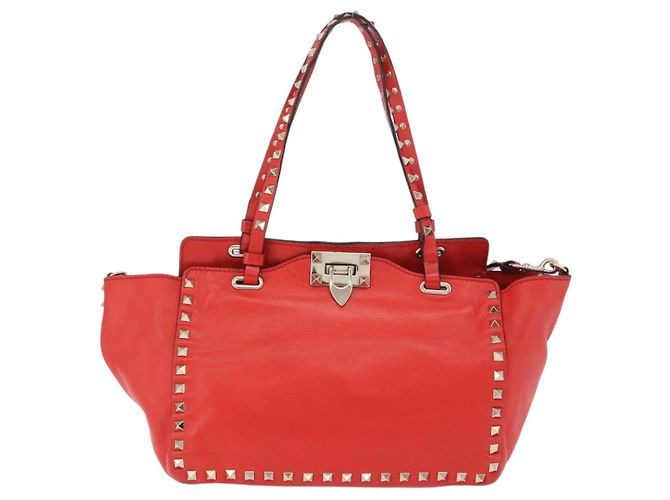 Borsa Tote VALENTINO Studs in pelle 2way Rossa Tono Oro Auth BA14871 Rosso - vista 2