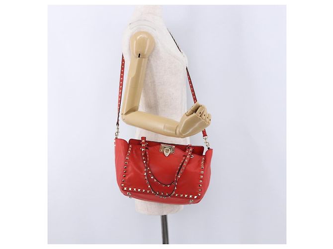 Borsa Tote VALENTINO Studs in pelle 2way Rossa Tono Oro Auth BA14871 Rosso - vista 25
