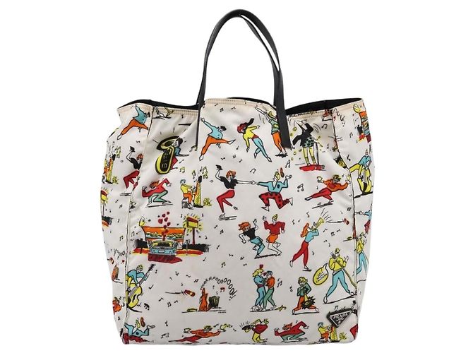 Borsa Tote PRADA Nylon Ivory Black Auth 198485A Nero Crudo - vista 2