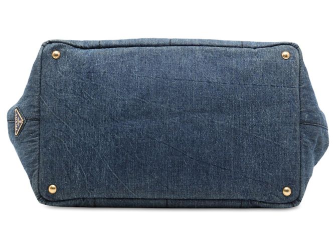 Borsa Tote Satchel Prada Large Denim Canapa Logo Blu - vista 3